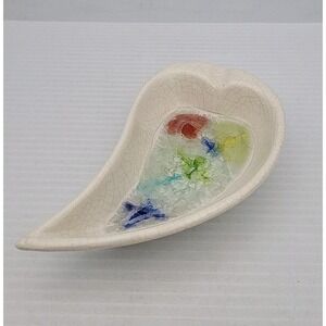 Vintage JACQUIN California Pottery Leaf Shaped Dish with Crackle Glass Edge